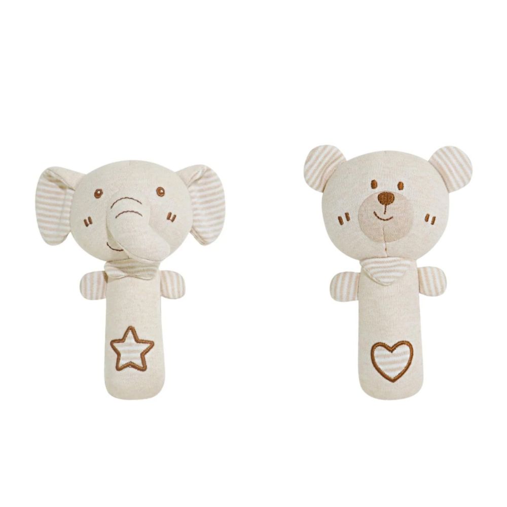 Soft Organic Baby Rattle - Natural Cotton Plush Animal Toy - Bear, Bunny, Elephant, Lion - Sensory Hanheld Toy for Newborns (0-12 Months) Kids