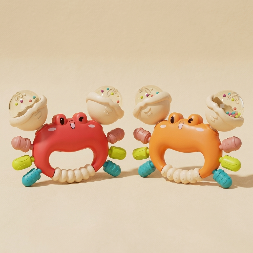 Crab baby teether and rattle 2-pack, red and orange