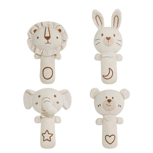 Soft Organic Baby Rattle - Natural Cotton Plush Animal Toy - Bear, Bunny, Elephant, Lion - Sensory Hanheld Toy for Newborns (0-12 Months) Kids