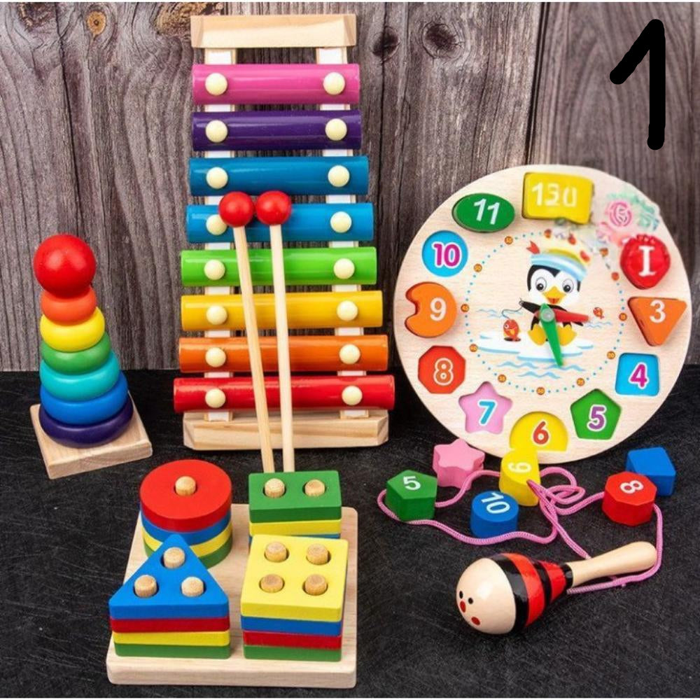 🎁 Model 1 – 7-in-1 Montessori Wooden Toy Set for Toddlers – Xylophone, Clock, Shape Sorter, Rainbow Stacker & More – Colourful Learning Toys for Ages 2–5 Kids