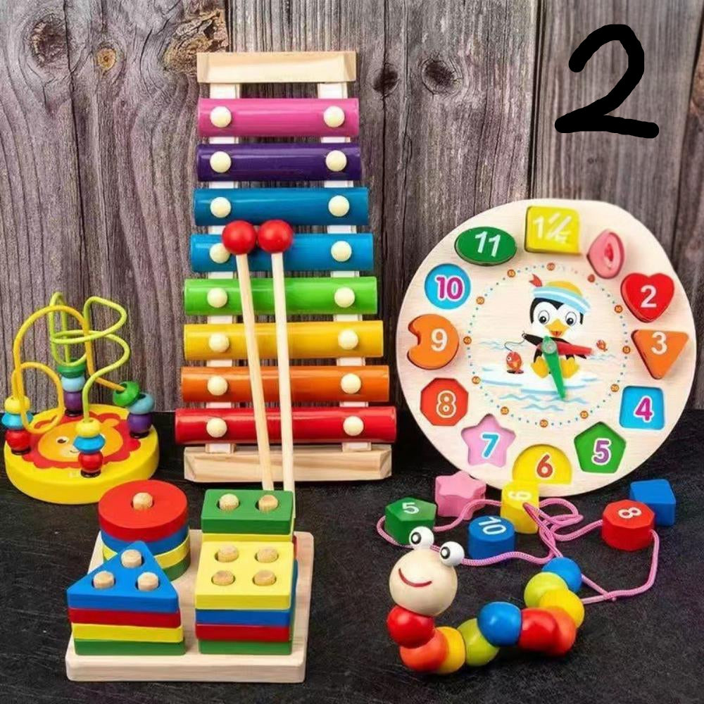 🎁 Model 1 – 7-in-1 Montessori Wooden Toy Set for Toddlers – Xylophone, Clock, Shape Sorter, Rainbow Stacker & More – Colourful Learning Toys for Ages 2–5 Kids