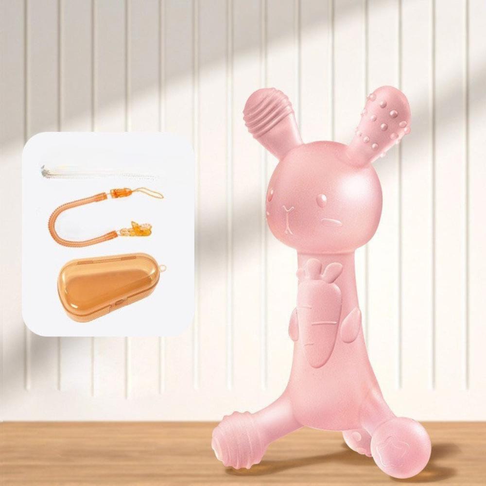🐰 Silicone Baby Teething Toy – Bunny-Shaped Teether with Textured Ears & Carry Case – Safe Soothing Toy for Infants – Available in Pink or Blue – 3+ Months Kids