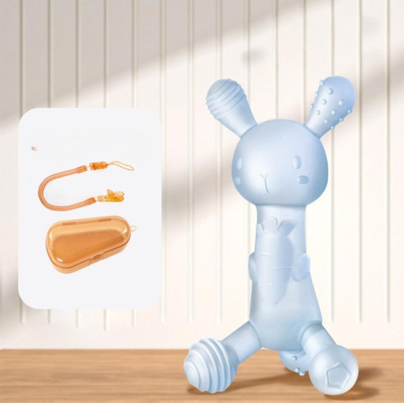 🐰 Silicone Baby Teething Toy – Bunny-Shaped Teether with Textured Ears & Carry Case – Safe Soothing Toy for Infants – Available in Pink or Blue – 3+ Months Kids