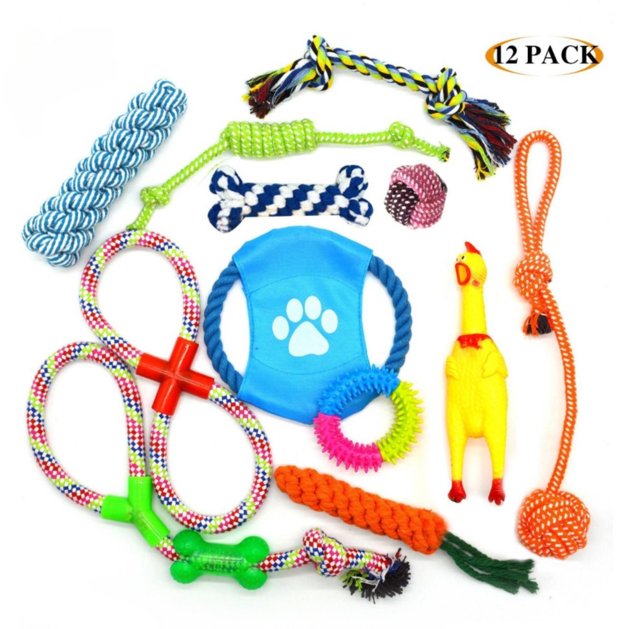 Dog Chew Toys Teething Training - 10pcs & 4 Rope Toys, 100% Natural Cotton