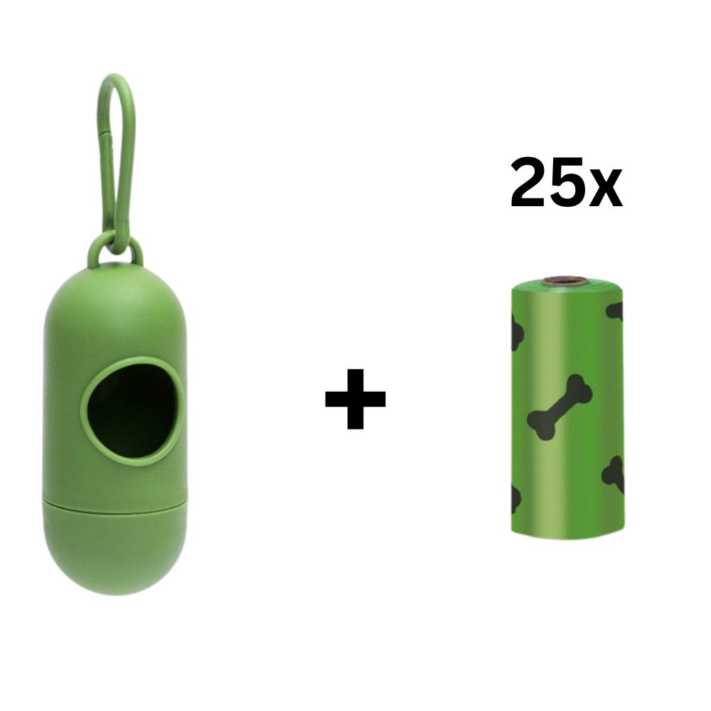 🐶 Dog Poop Bag Dispenser + 25x Biodegradable Scented Bags – Leakproof, Eco-Friendly & Easy Tear – Green Bone Design – Pet Waste Bag Holder with Clip
