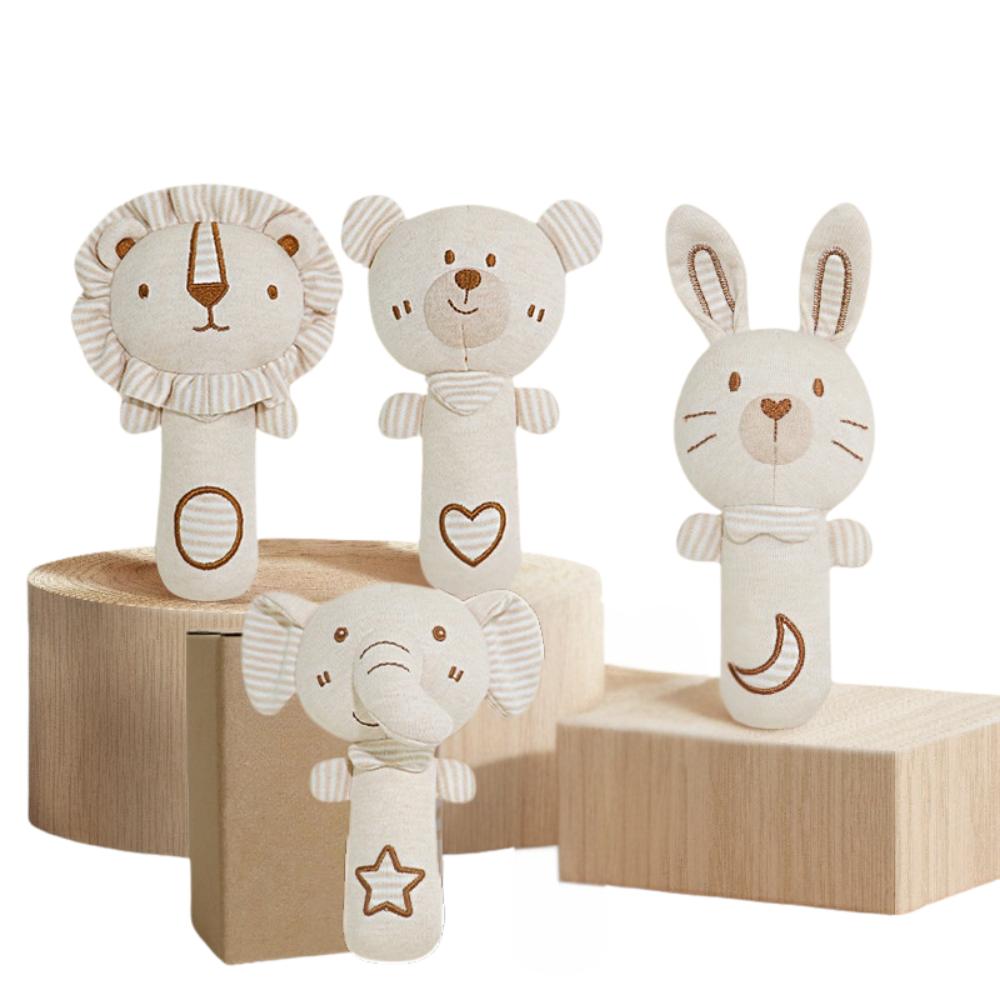 Soft Organic Baby Rattle - Natural Cotton Plush Animal Toy - Bear, Bunny, Elephant, Lion - Sensory Hanheld Toy for Newborns (0-12 Months) Kids