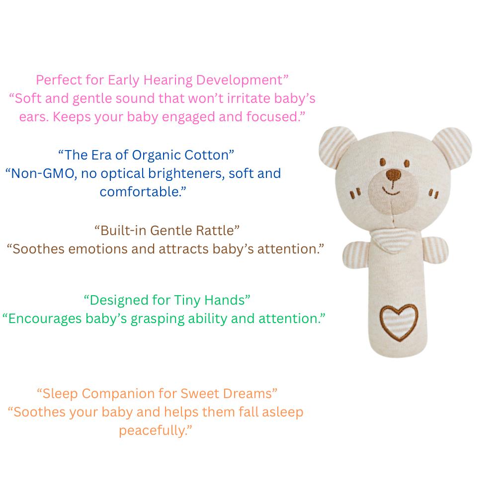 Soft Organic Baby Rattle - Natural Cotton Plush Animal Toy - Bear, Bunny, Elephant, Lion - Sensory Hanheld Toy for Newborns (0-12 Months) Kids