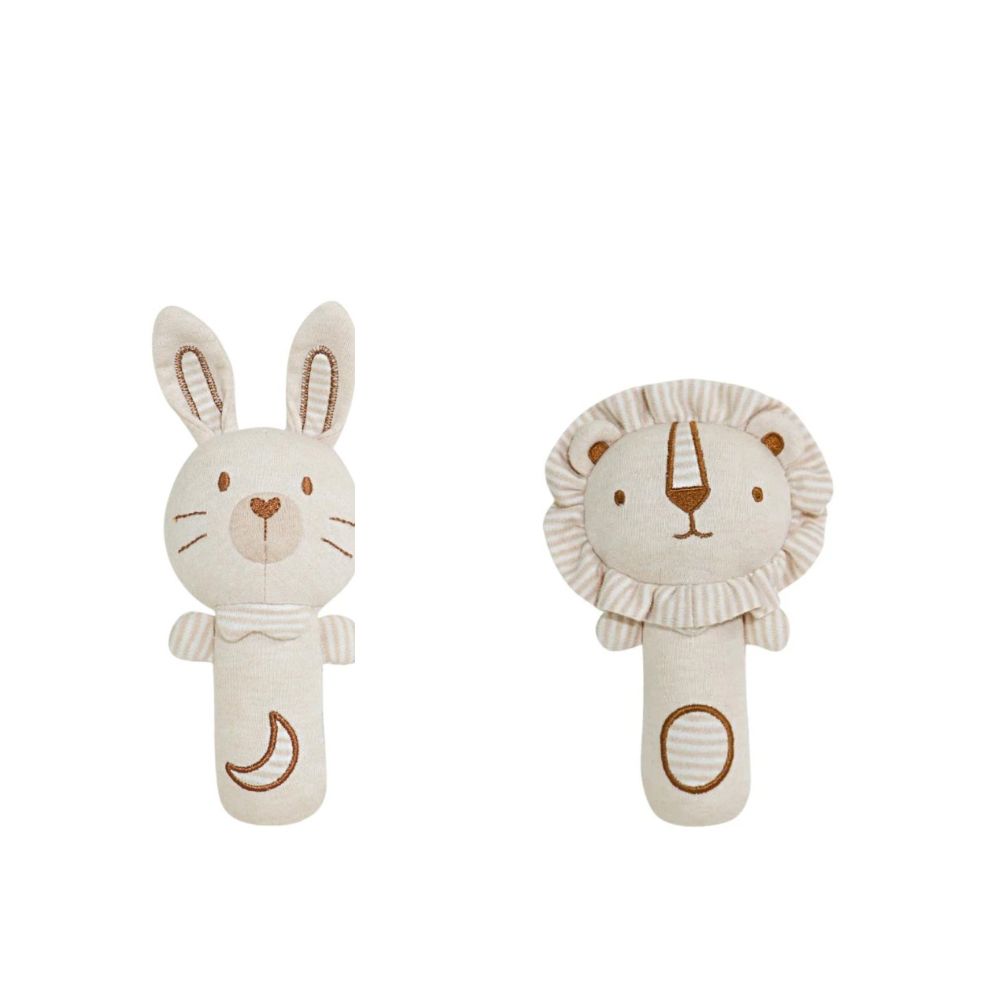 Soft Organic Baby Rattle - Natural Cotton Plush Animal Toy - Bear, Bunny, Elephant, Lion - Sensory Hanheld Toy for Newborns (0-12 Months) Kids