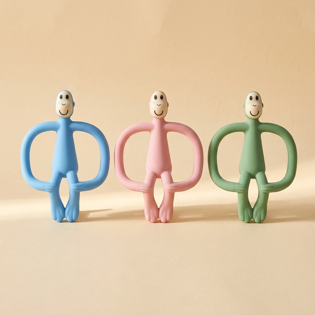 Monkey silicone baby teether in green, pink and blue