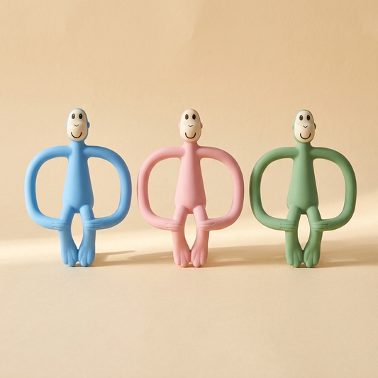 Monkey silicone baby teether in green, pink and blue