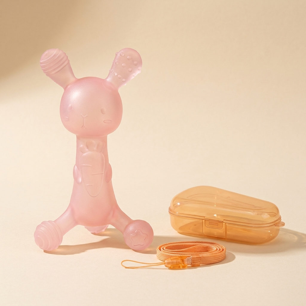 Bunny silicone baby teether with carry case