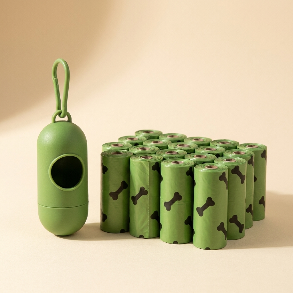 Biodegradable dog poop bags with clip-on bone dispenser